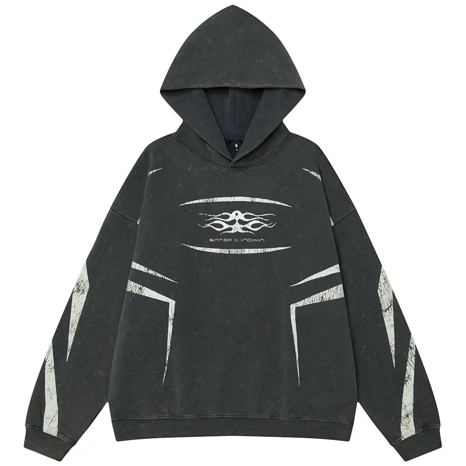 Men Hip Hop Oversized Hoodies Graphic Printed Vintage Washed Black Harajuku Oversized Hoodie Loose Pullover Sweatshirt Unisex