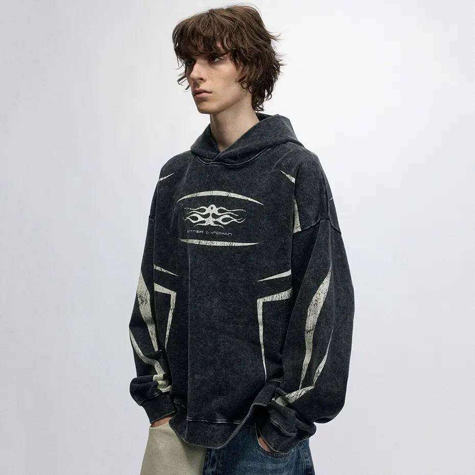 Men Hip Hop Oversized Hoodies Graphic Printed Vintage Washed Black Harajuku Oversized Hoodie Loose Pullover Sweatshirt Unisex