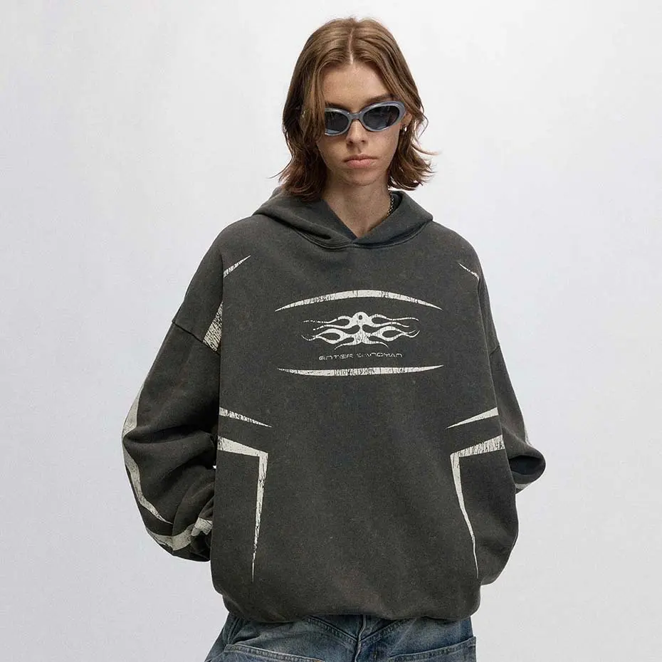 Men Hip Hop Oversized Hoodies Graphic Printed Vintage Washed Black Harajuku Oversized Hoodie Loose Pullover Sweatshirt Unisex