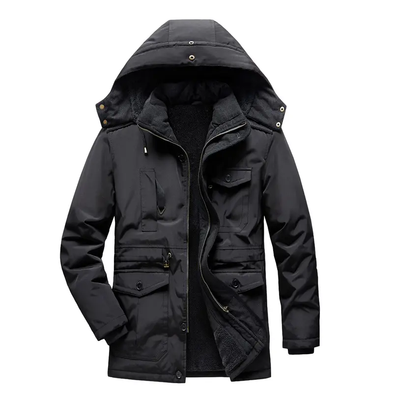 New Winter Men Hooded Long Down Jackets Fleece Warm Parkas Man Multiple Pockets Cargo Coats Quality Man Loose Tooling Jackets 4X