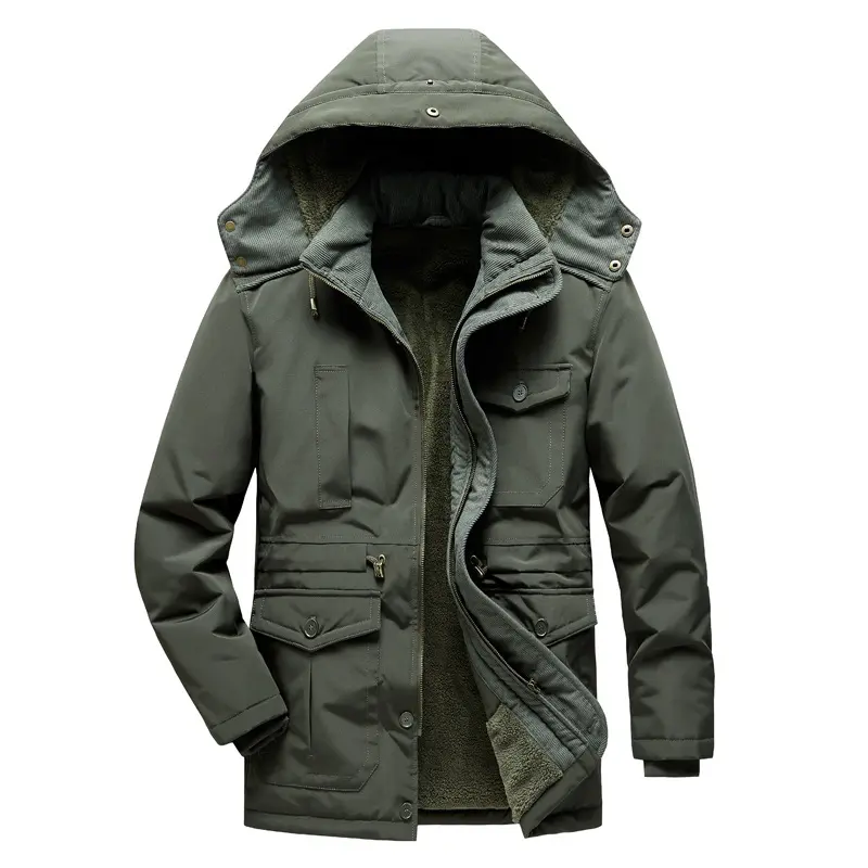 New Winter Men Hooded Long Down Jackets Fleece Warm Parkas Man Multiple Pockets Cargo Coats Quality Man Loose Tooling Jackets 4X
