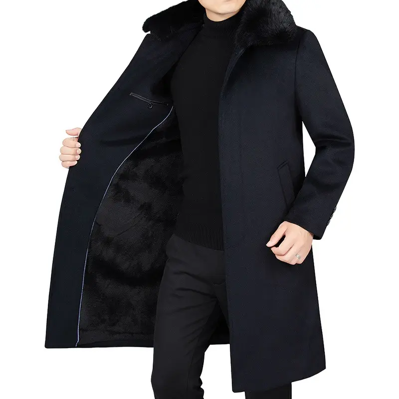 New Winter Men Fleece Fur Collar Woollen Overcoats Cashmere Long Jackets Trench Coats Quality Male Thicker Warm Coat Wool Blends