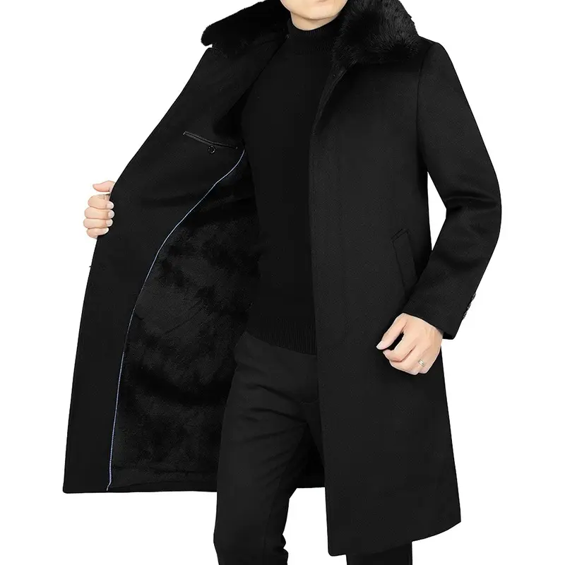 New Winter Men Fleece Fur Collar Woollen Overcoats Cashmere Long Jackets Trench Coats Quality Male Thicker Warm Coat Wool Blends