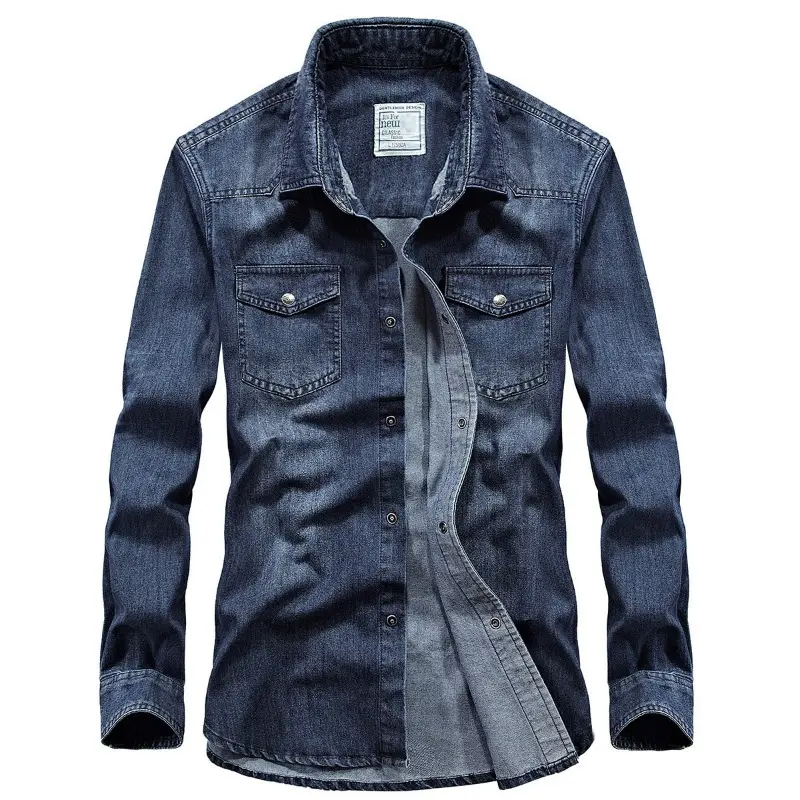 New Spring Men Long-sleeved Multi-pockets Denim Tooling Shirts Man Outdoor Denim Shirts Quality Male Cotton Casual Jeans Shirts