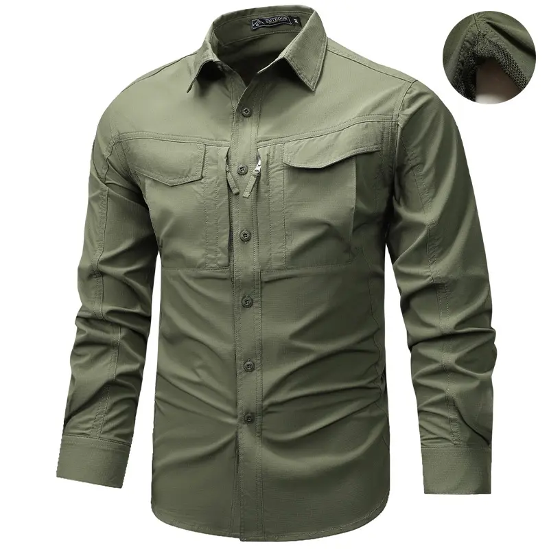 Men Outdoor Long Sleeves Cargo Shirts Elastic Quick Drying Waterproof Tooling Shirts Male Thin Breathable Comfortable Shirts 4XL