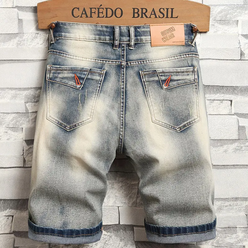New Summer Men Retro Punk Denim Shorts Jeans Good Quality Male Cotton Straight Fit Shorts Fashion Ripped Knee Length Jeans 42