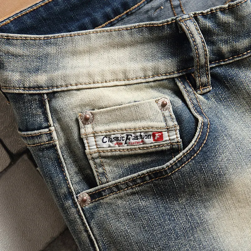 New Summer Men Retro Punk Denim Shorts Jeans Good Quality Male Cotton Straight Fit Shorts Fashion Ripped Knee Length Jeans 42