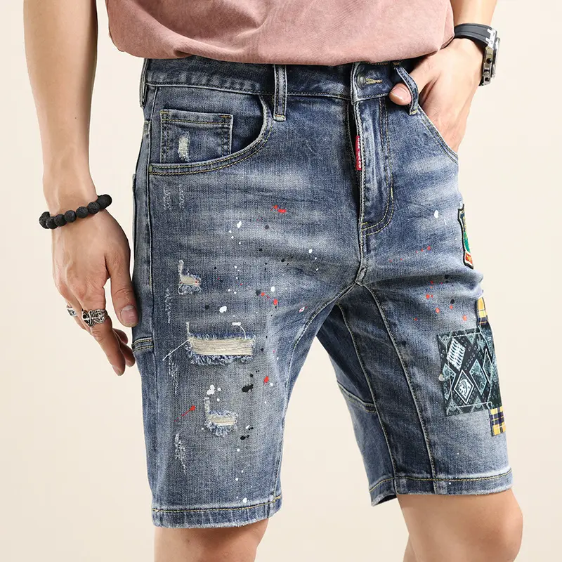 New Summer Men Light Blue Ripped Short Jeans High Street Style Man Fashion Denim Shorts High Quality Male Holes Jeans Shorts
