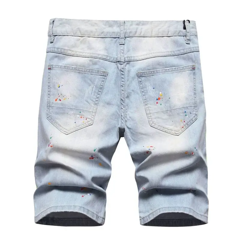 Men Holes Light Blue Denim Shorts Summer Jeans Shorts Quality Male Staight Knee Length Jeans Painted Streetwear Denim Shorts 42