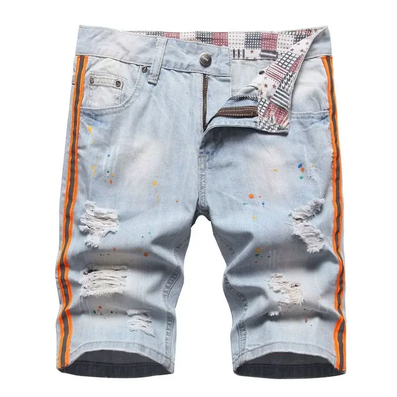 Men Holes Light Blue Denim Shorts Summer Jeans Shorts Quality Male Staight Knee Length Jeans Painted Streetwear Denim Shorts 42
