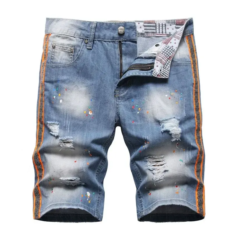 Men Holes Light Blue Denim Shorts Summer Jeans Shorts Quality Male Staight Knee Length Jeans Painted Streetwear Denim Shorts 42