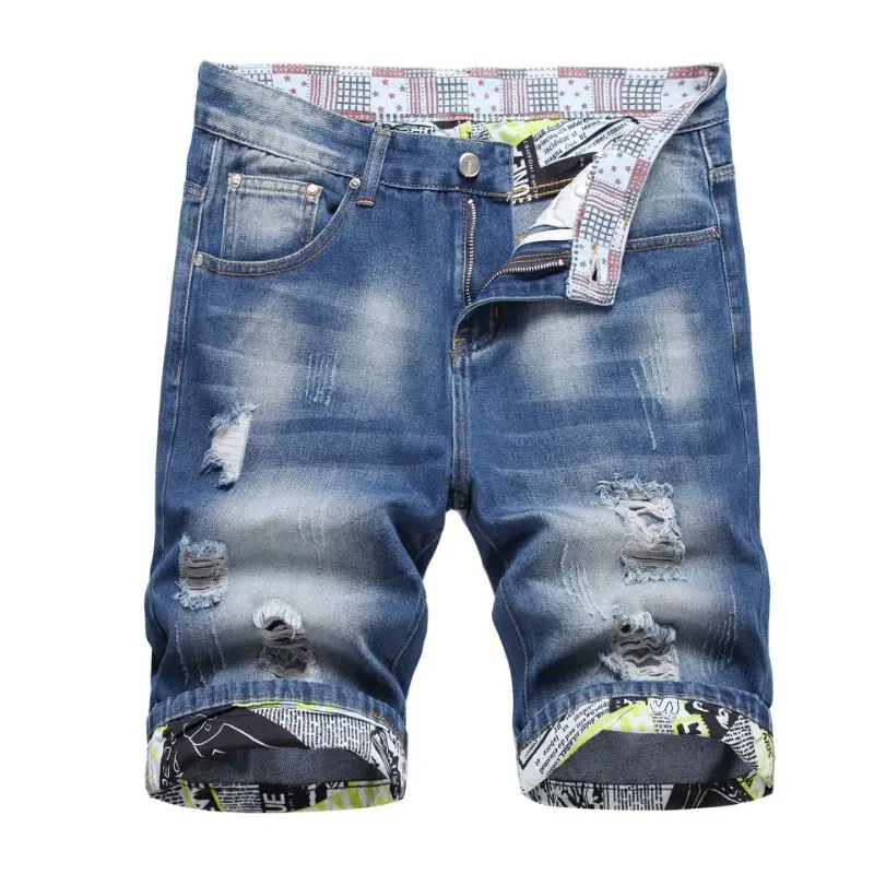 New Summer Men Light Blue Denim Shorts Holes Short Jeans Male Fashion Ripped Jeans Shorts Straight Fit Denim Shorts Size 42