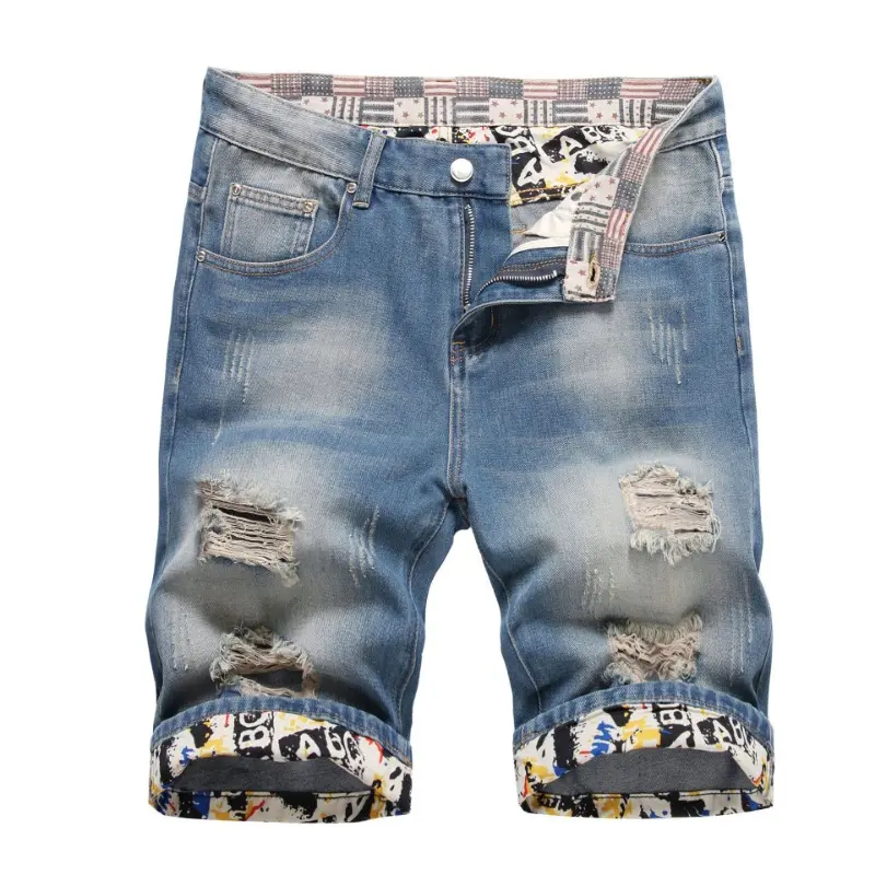 New Summer Men Light Blue Denim Shorts Holes Short Jeans Male Fashion Ripped Jeans Shorts Straight Fit Denim Shorts Size 42
