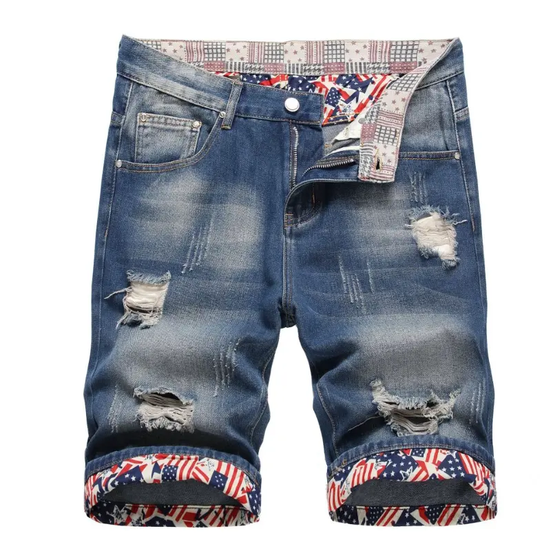 New Summer Men Light Blue Denim Shorts Holes Short Jeans Male Fashion Ripped Jeans Shorts Straight Fit Denim Shorts Size 42