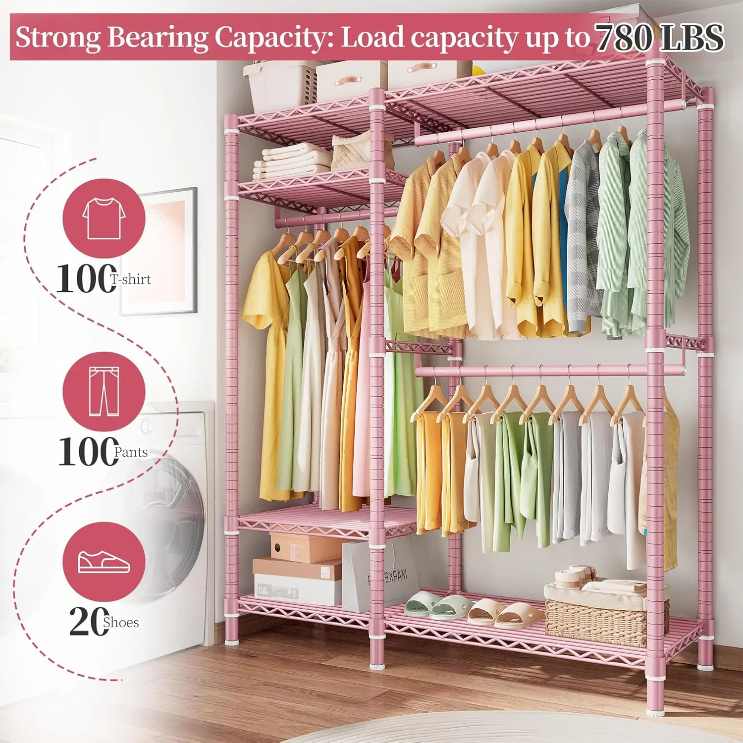 Clothes Rack Heavy Duty Loads 780LBS Clothing Racks for Hanging Clothes Adjustable Metal Wardrobe Closet,45.5" W x 77" H x16.5 D