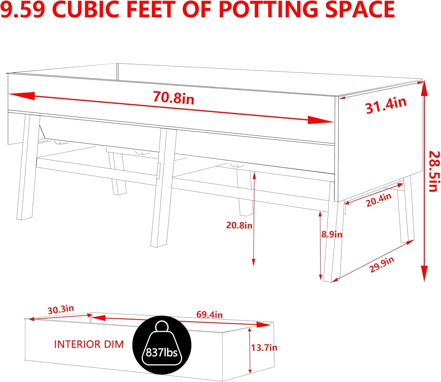 Raised Garden Bed 6 x 3 x 2FT, Raised Garden Beds Outdoor with 6 Legs, Detachable Liner, Garden Bed for Backyard, Patio