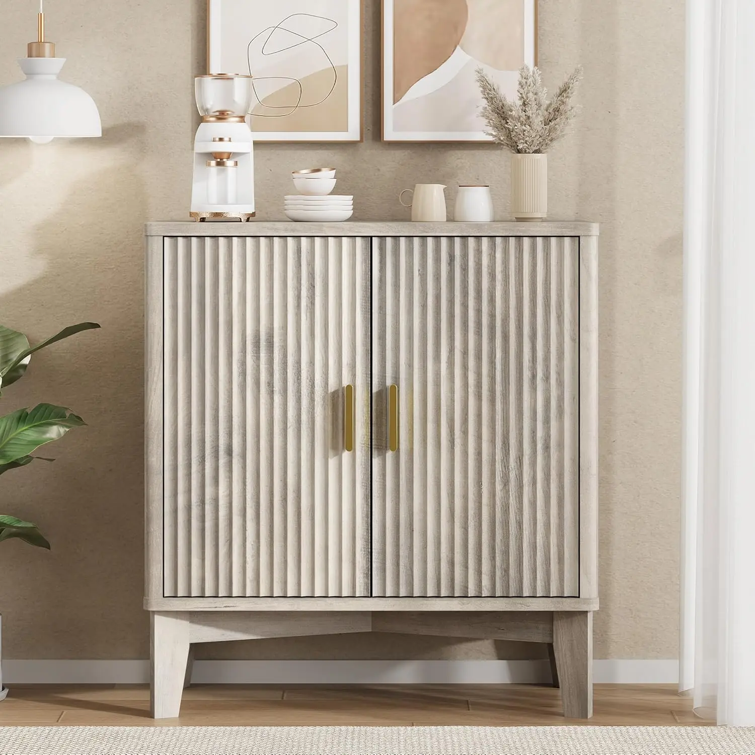 Fluted Sideboard Buffet Cabinet with Storage, 30" Mid Century Modern Coffee Wine Bar with Adjustable Shelves