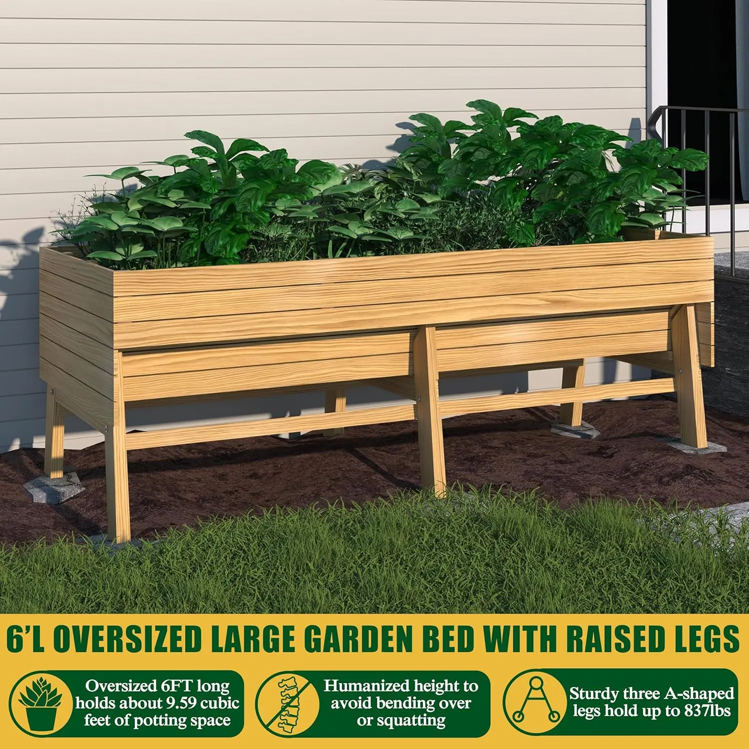 Raised Garden Bed 6 x 3 x 2FT, Raised Garden Beds Outdoor with 6 Legs, Detachable Liner, Garden Bed for Backyard, Patio