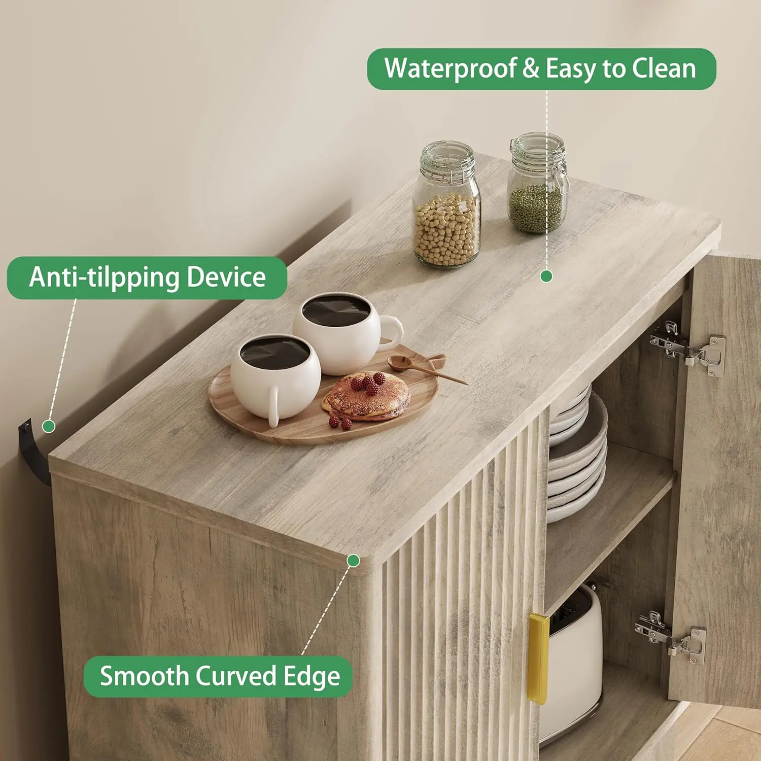 Fluted Sideboard Buffet Cabinet with Storage, 30" Mid Century Modern Coffee Wine Bar with Adjustable Shelves