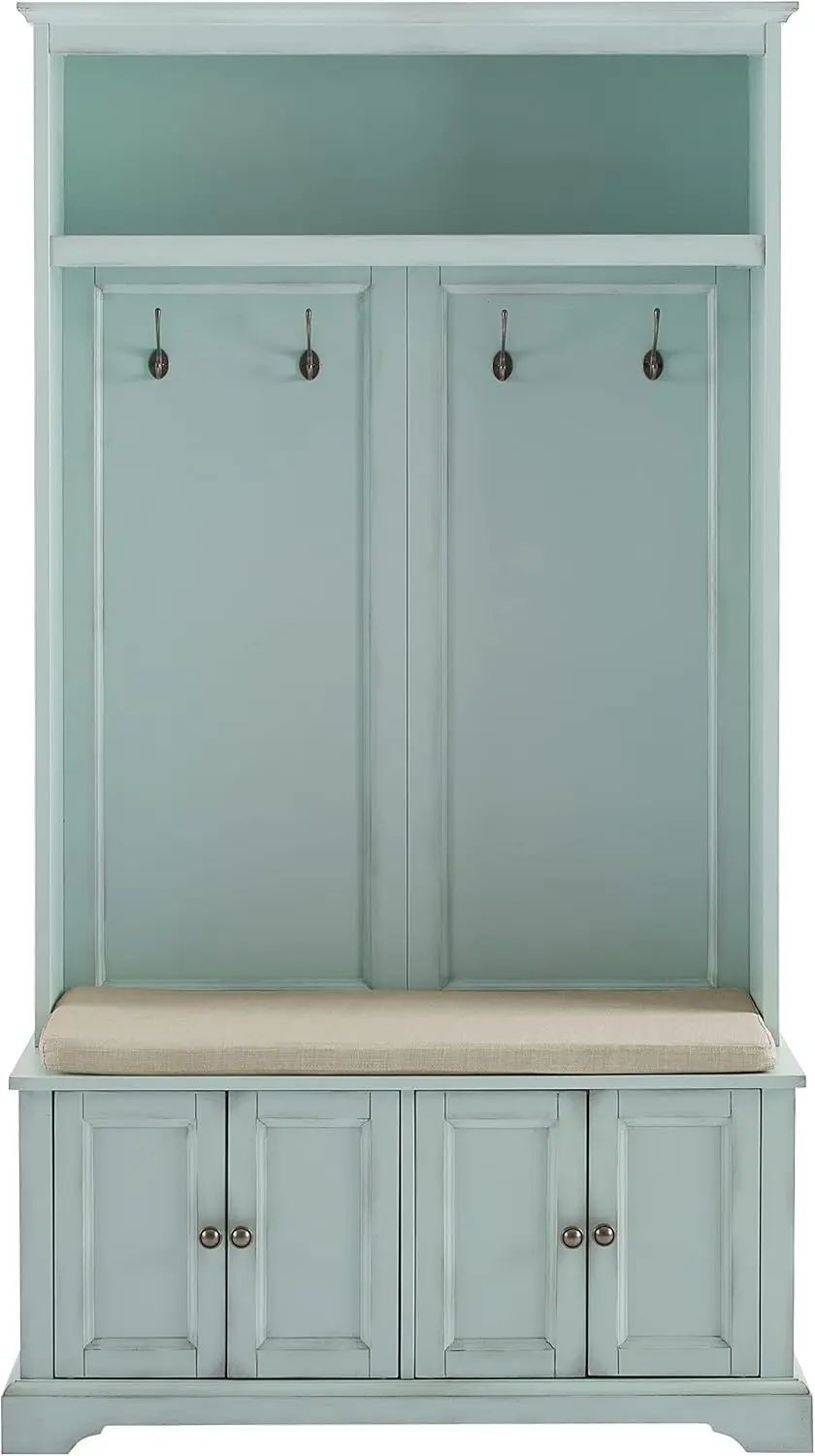 Holbrook Hall Tree with Shoe Rack Bench and Coat Hooks for Hanging Storage, Distressed Seafoam Blue
