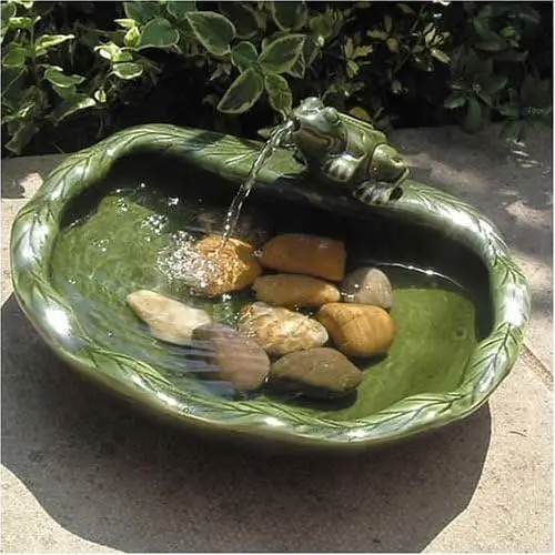 22300R01 Solar Powered Ceramic Frog Water Feature, Green Glazed Ceramic, Powered By An Included Solar Panel That Operates