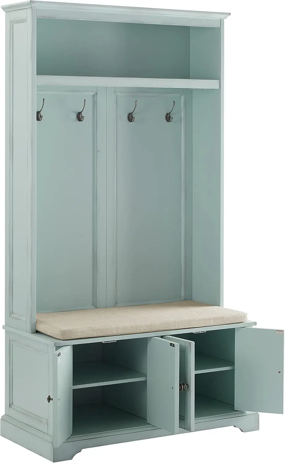 Holbrook Hall Tree with Shoe Rack Bench and Coat Hooks for Hanging Storage, Distressed Seafoam Blue