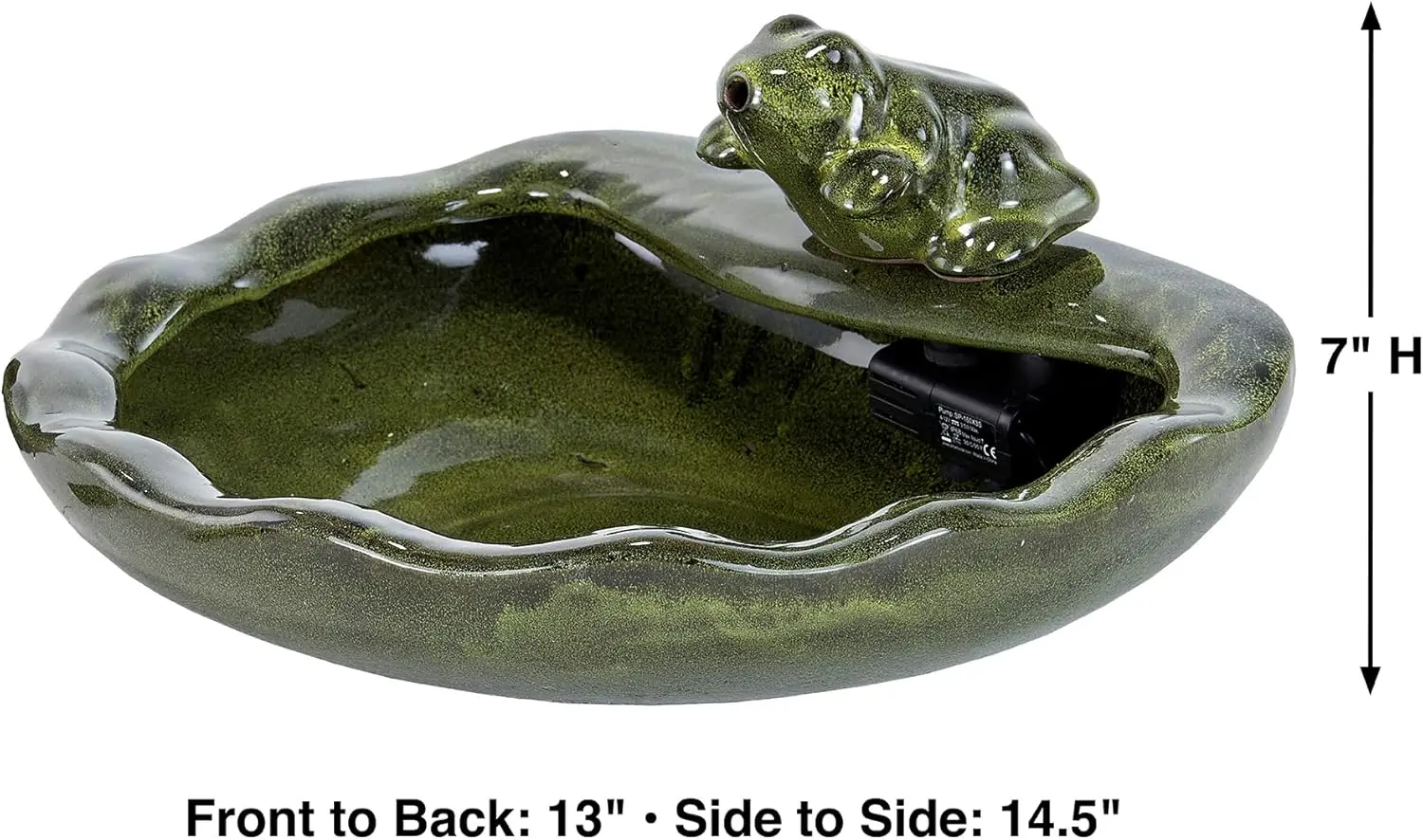 22300R01 Solar Powered Ceramic Frog Water Feature, Green Glazed Ceramic, Powered By An Included Solar Panel That Operates