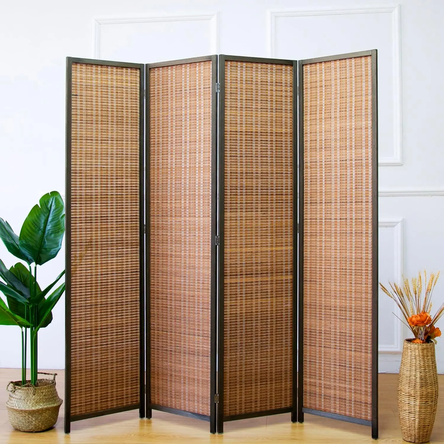 4 Panel Divider and Folding Screen Divider,Bamboo Divider Screen for Separation,67" H x 61.4" W