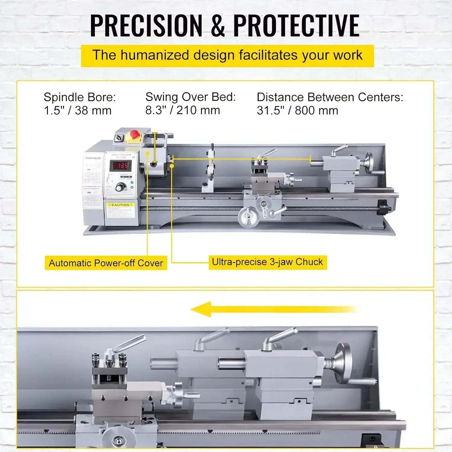 210x800 Mini Lathe Machine, 2500 RPM Variable Speed Change, 850W Precision Mini Lathe, Milling Machine for Various Metal Turning