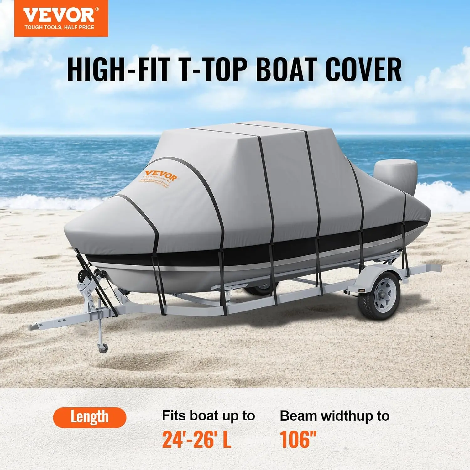 T Top Boat Cover 24-26 ft Waterproof Trailerable T-Top Boat Cover, 600D Marine Grade PU Oxford, with Windproof Buckle Straps