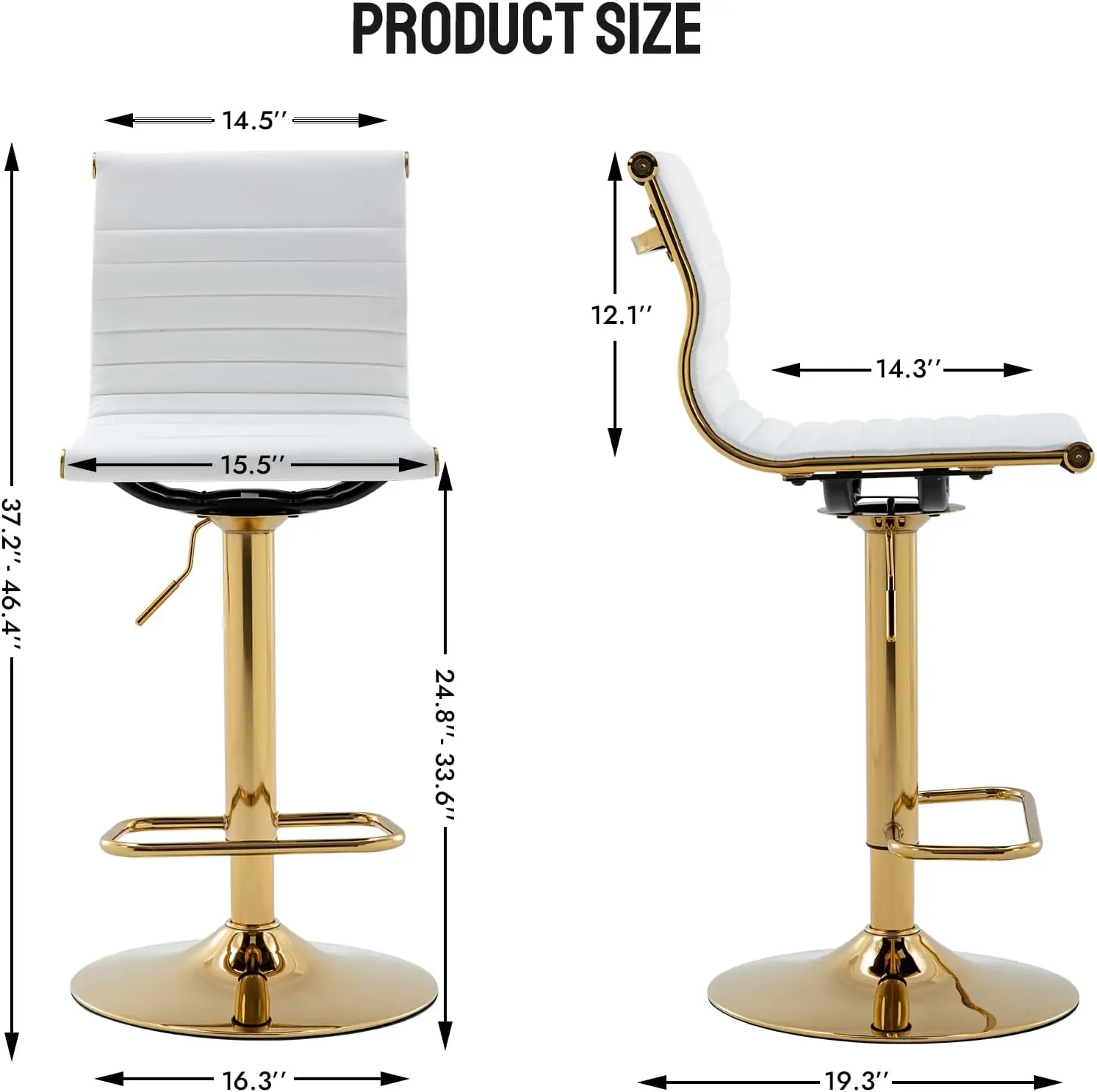 Metal Bar Stools Chairs Set of 2 Height Adjustable Barstools Modern White PU Leather Armless Counter Stool with Golden Base