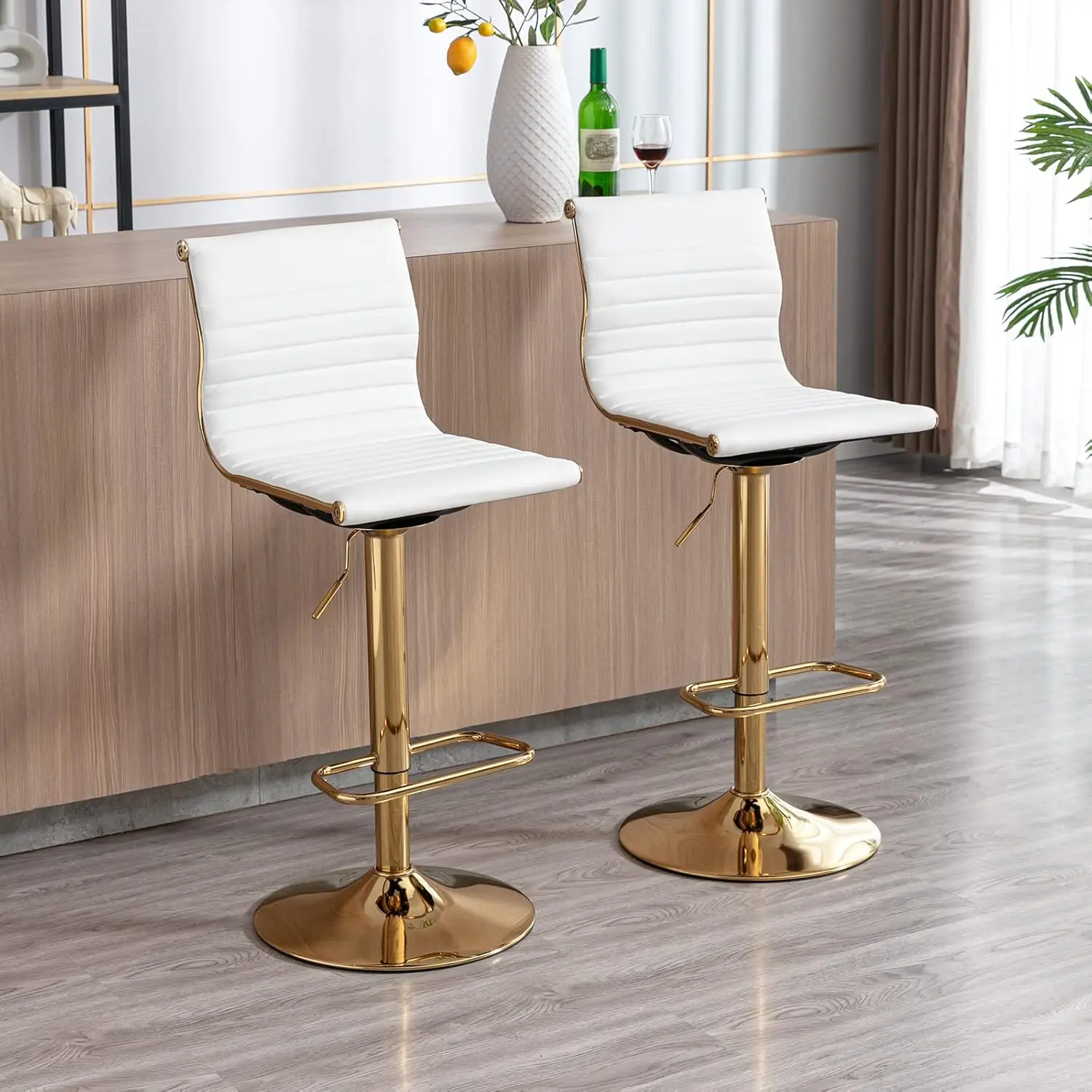 Metal Bar Stools Chairs Set of 2 Height Adjustable Barstools Modern White PU Leather Armless Counter Stool with Golden Base