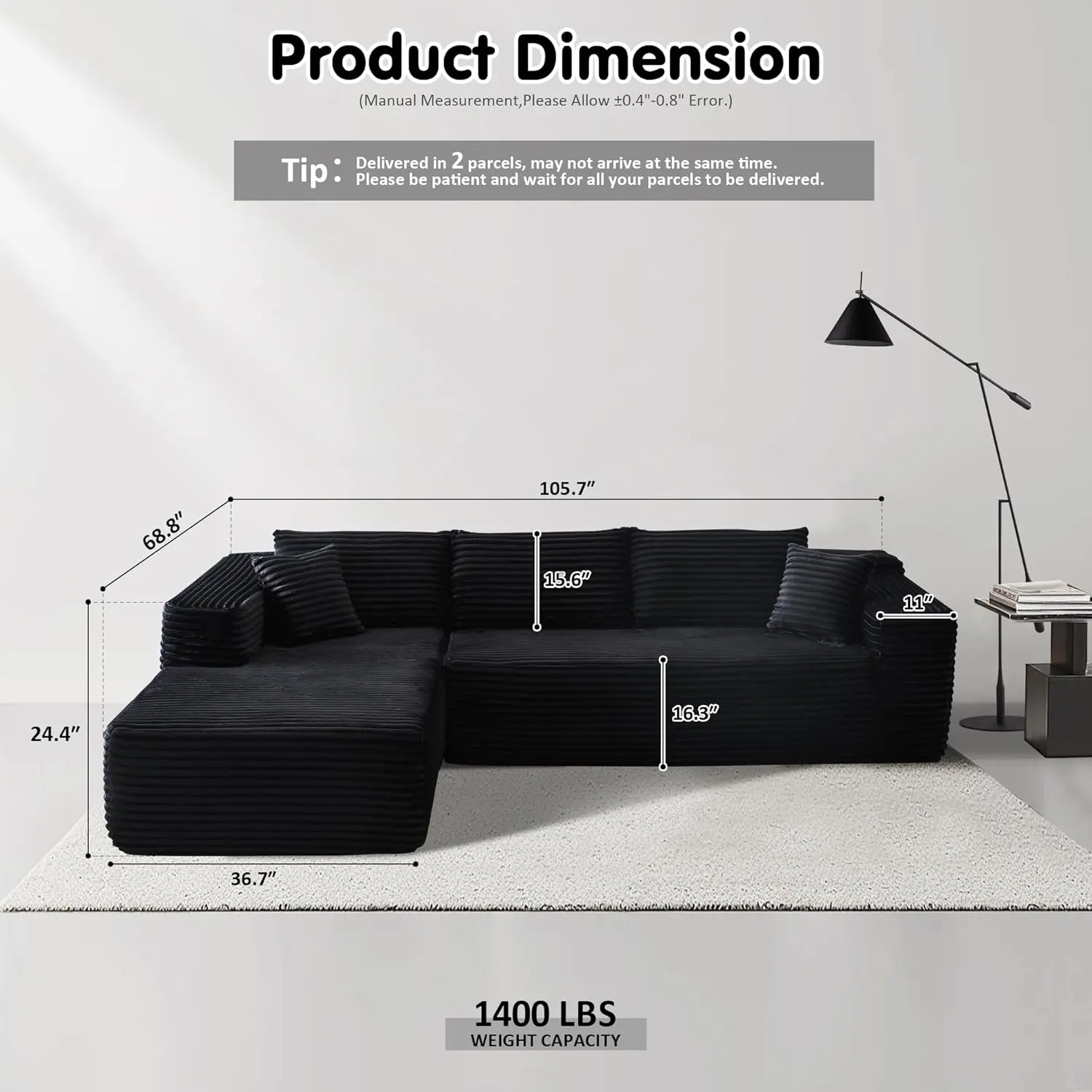 104" Cloud Sectional Couch with L-Shape Chaise,Modern Modular Sofa with Deep Seat, Upholstered Couches ,Black