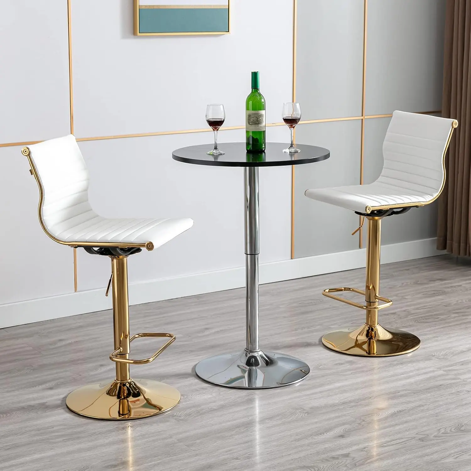 Metal Bar Stools Chairs Set of 2 Height Adjustable Barstools Modern White PU Leather Armless Counter Stool with Golden Base