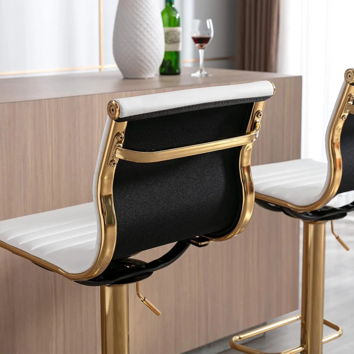 Metal Bar Stools Chairs Set of 2 Height Adjustable Barstools Modern White PU Leather Armless Counter Stool with Golden Base
