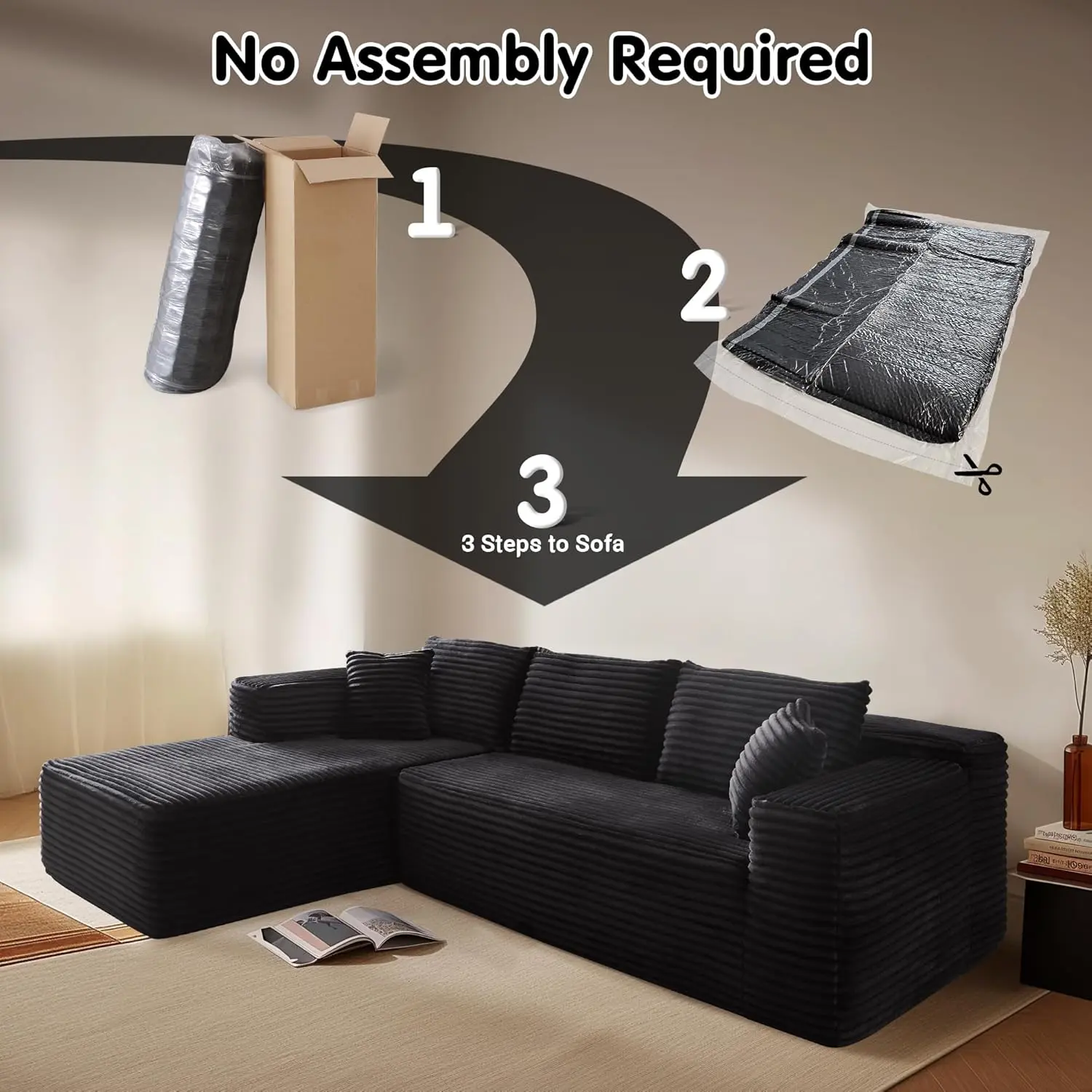 104" Cloud Sectional Couch with L-Shape Chaise,Modern Modular Sofa with Deep Seat, Upholstered Couches ,Black