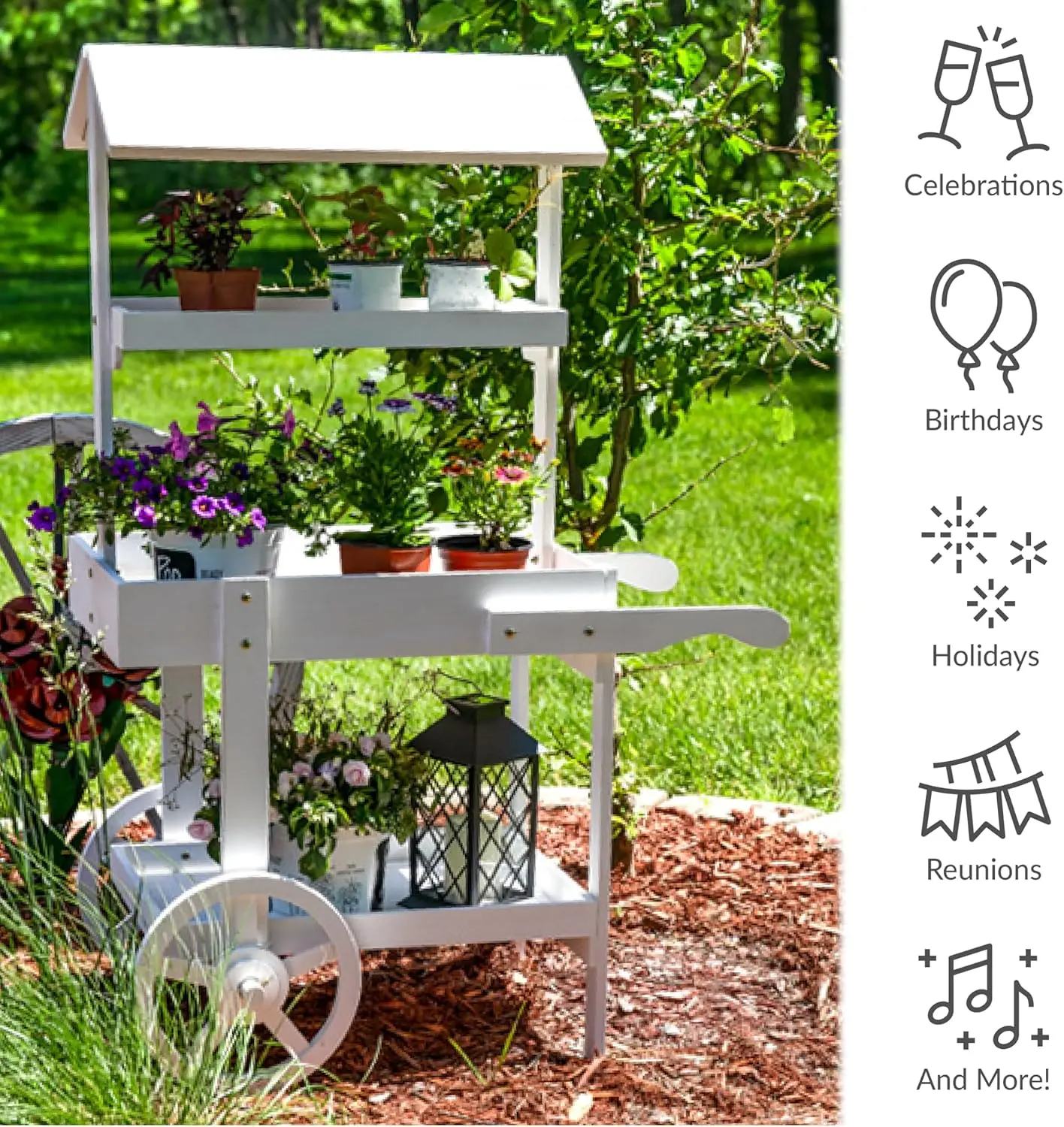 Flower Cart Display Stand with Wheels，Dessert Candy Cart，Market Flower Display Stand ，2 Shelves，Fir Wood ，White
