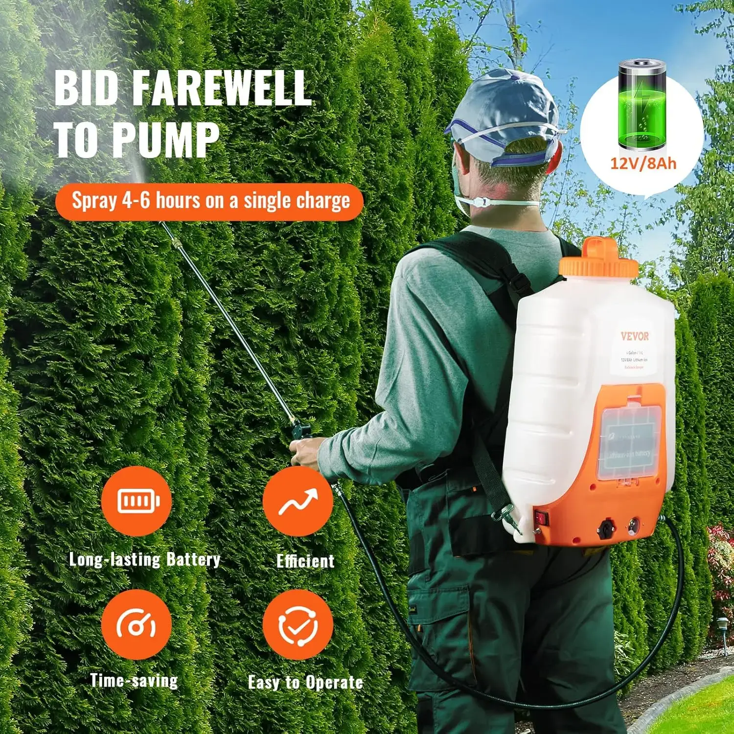 Battery Powered Backpack Sprayer, 0-90 PSI Adjustable Pressure, 4 Gallon Tank, Back Pack Sprayer with 8 Nozzles and 2 Wands