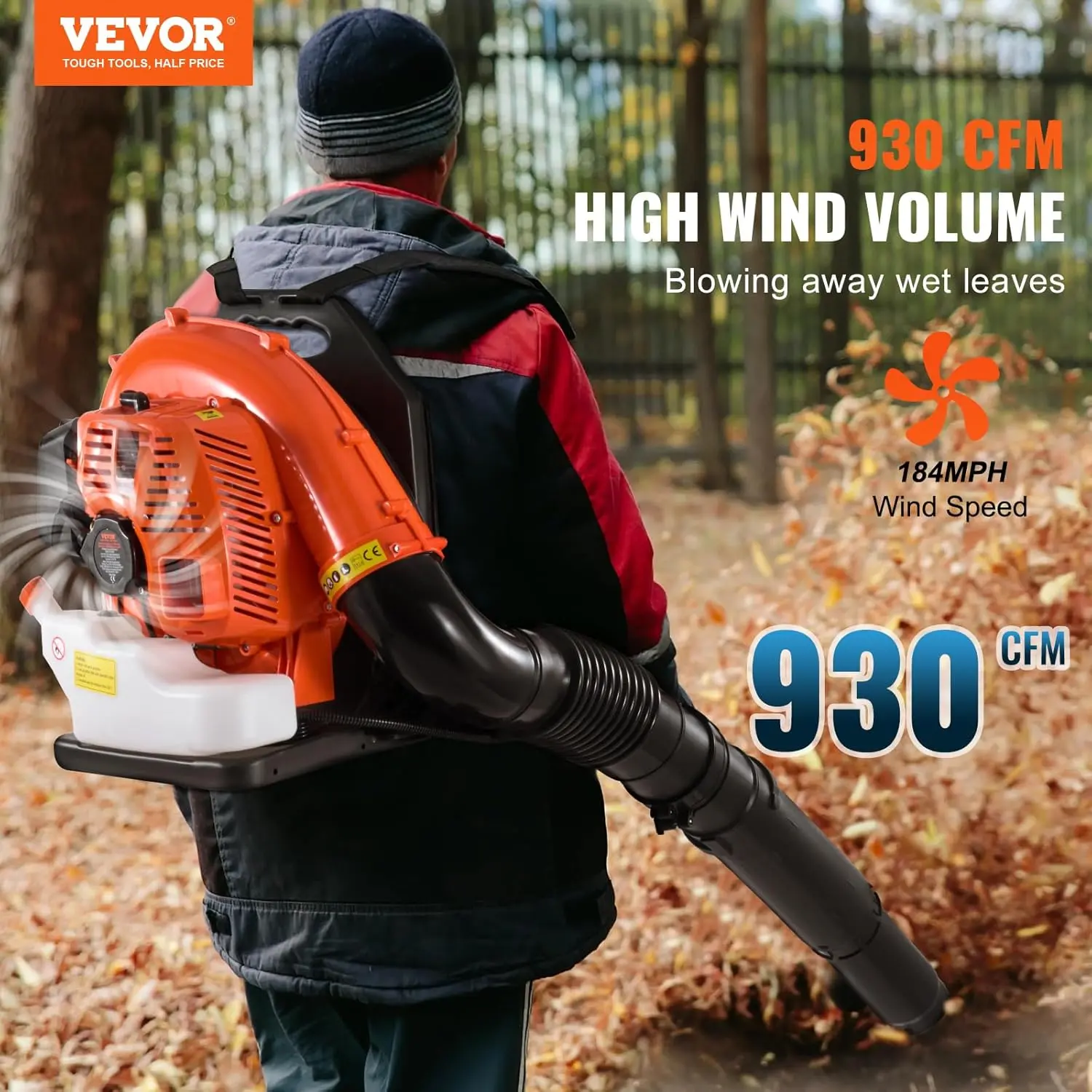 79cc Backpack Gas Leaf Blower, 2-Cycle Gas Powered Backpack Blower with 3L Fuel Tank, 930CFM Air Volume 184MPH Speed