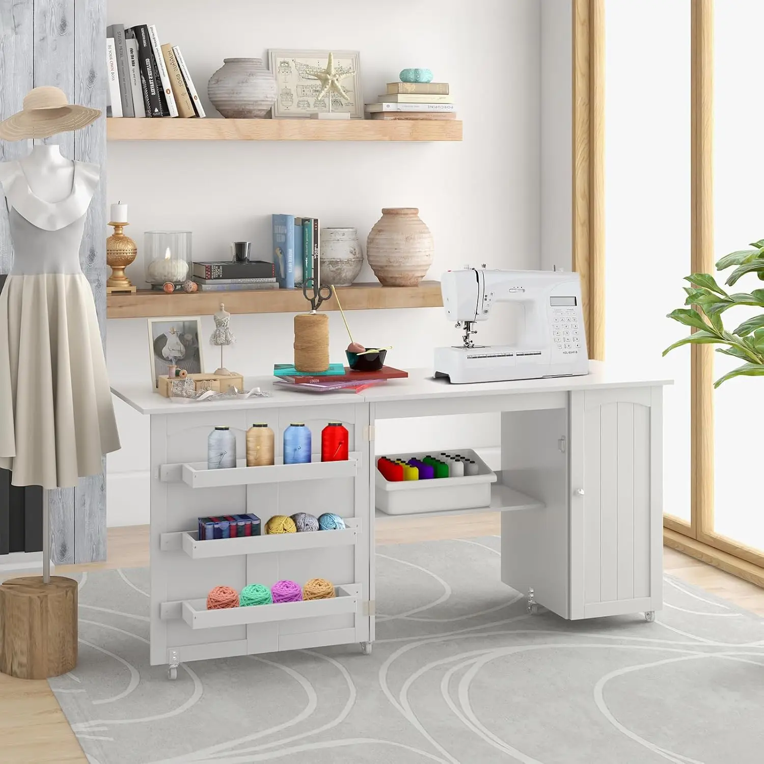 Sewing Machine Table, 62.5" x 20" Foldable Craft Station Table w/Lockable Casters, Storage Shelves, Bins & Single Door Cabinet