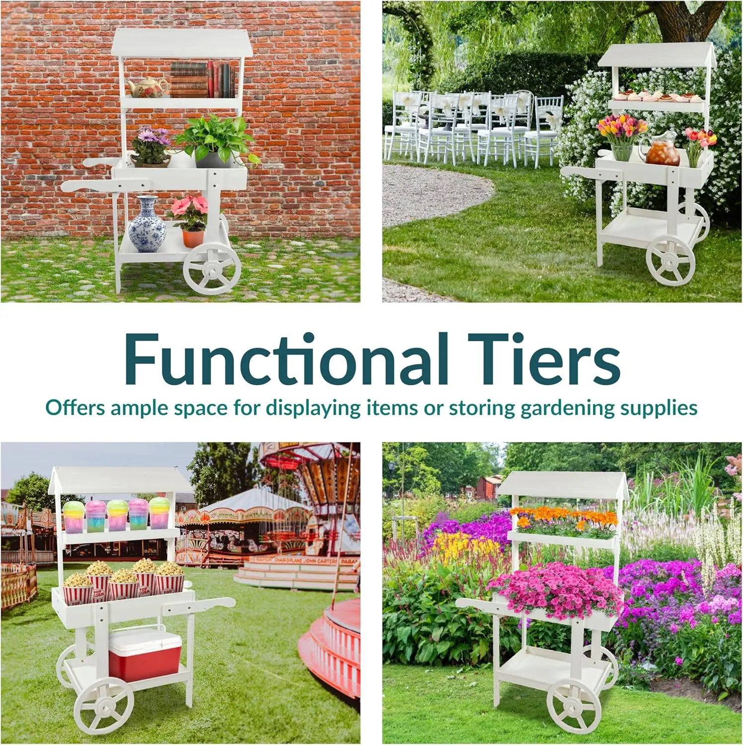Flower Cart Display Stand with Wheels，Dessert Candy Cart，Market Flower Display Stand ，2 Shelves，Fir Wood ，White
