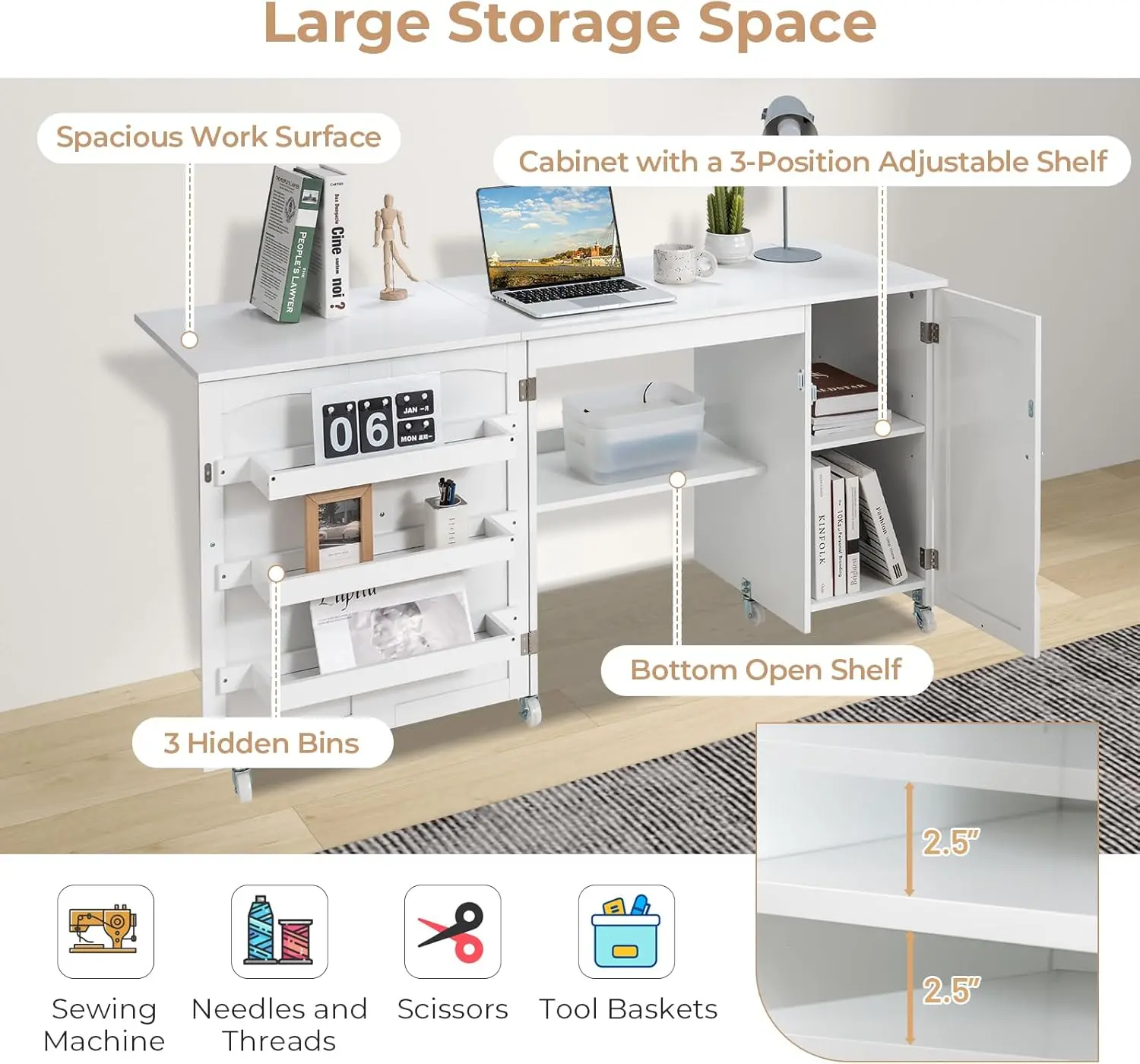 Sewing Machine Table, 62.5" x 20" Foldable Craft Station Table w/Lockable Casters, Storage Shelves, Bins & Single Door Cabinet