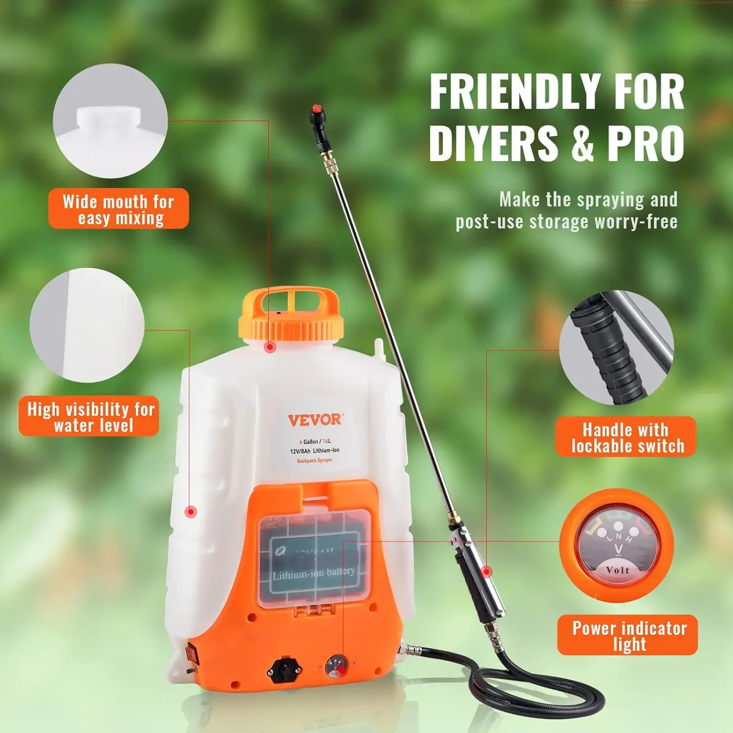 Battery Powered Backpack Sprayer, 0-90 PSI Adjustable Pressure, 4 Gallon Tank, Back Pack Sprayer with 8 Nozzles and 2 Wands