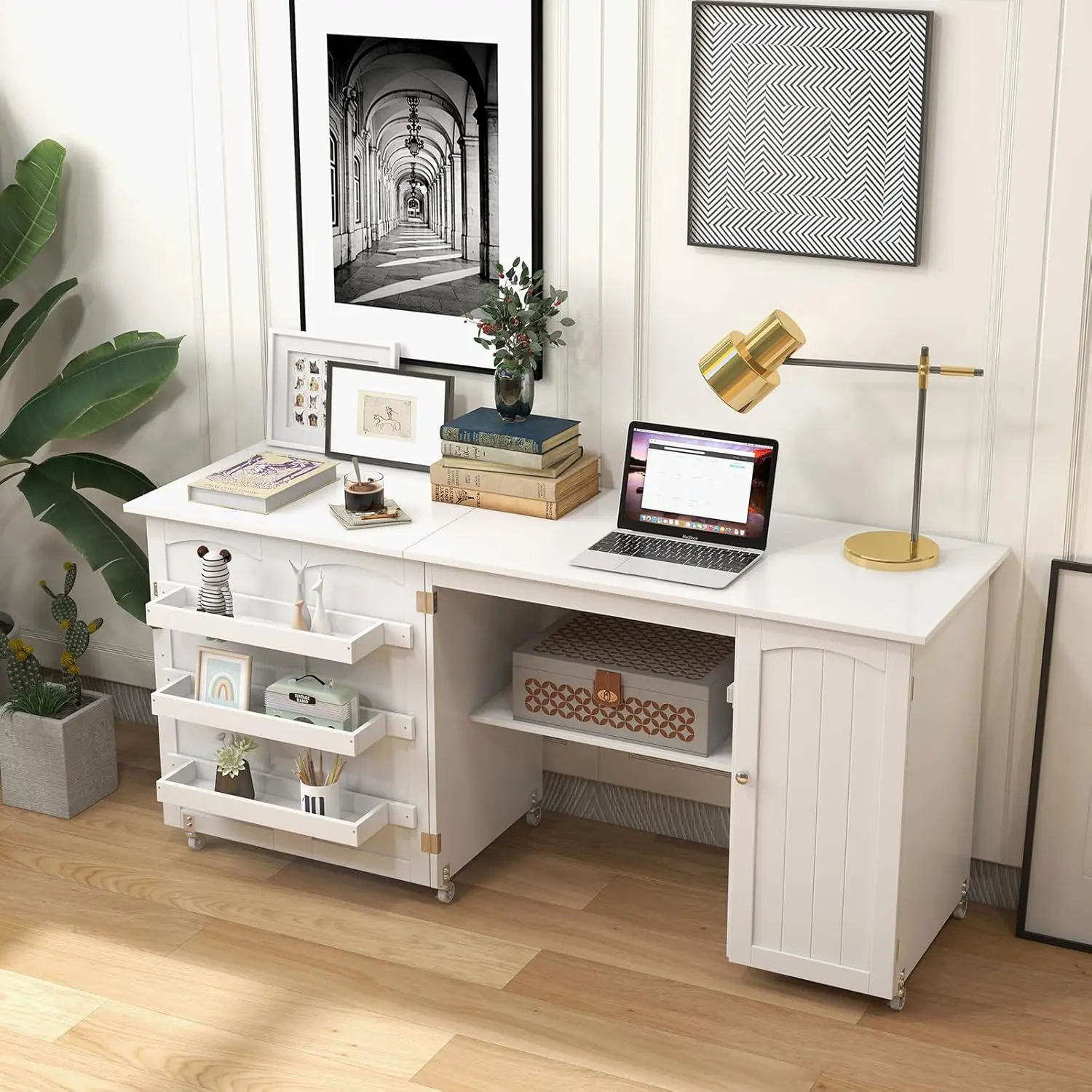 Sewing Machine Table, 62.5" x 20" Foldable Craft Station Table w/Lockable Casters, Storage Shelves, Bins & Single Door Cabinet