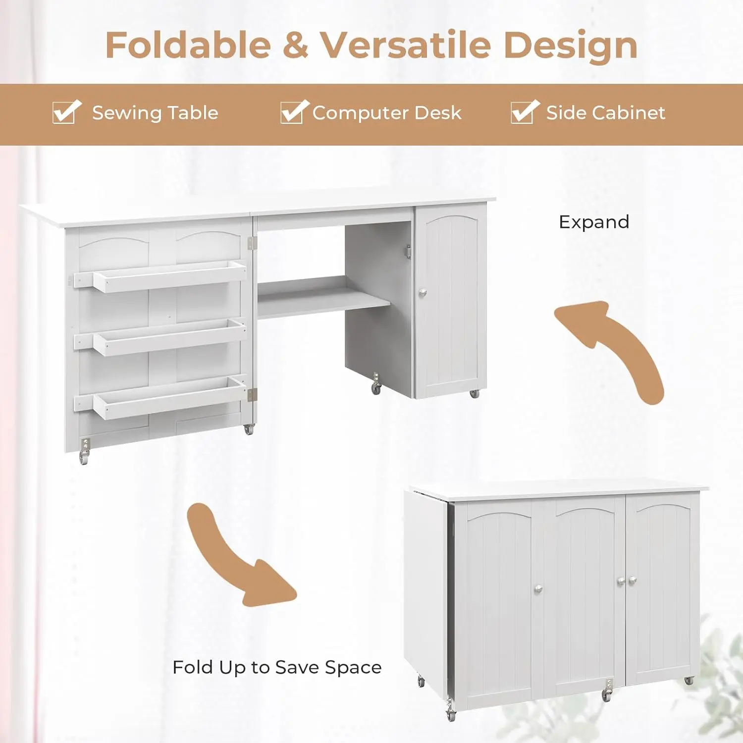 Sewing Machine Table, 62.5" x 20" Foldable Craft Station Table w/Lockable Casters, Storage Shelves, Bins & Single Door Cabinet