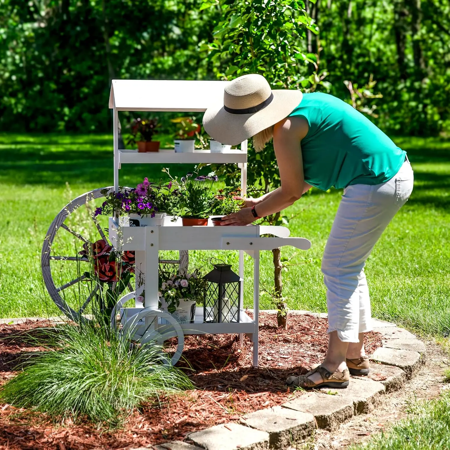 Flower Cart Display Stand with Wheels，Dessert Candy Cart，Market Flower Display Stand ，2 Shelves，Fir Wood ，White
