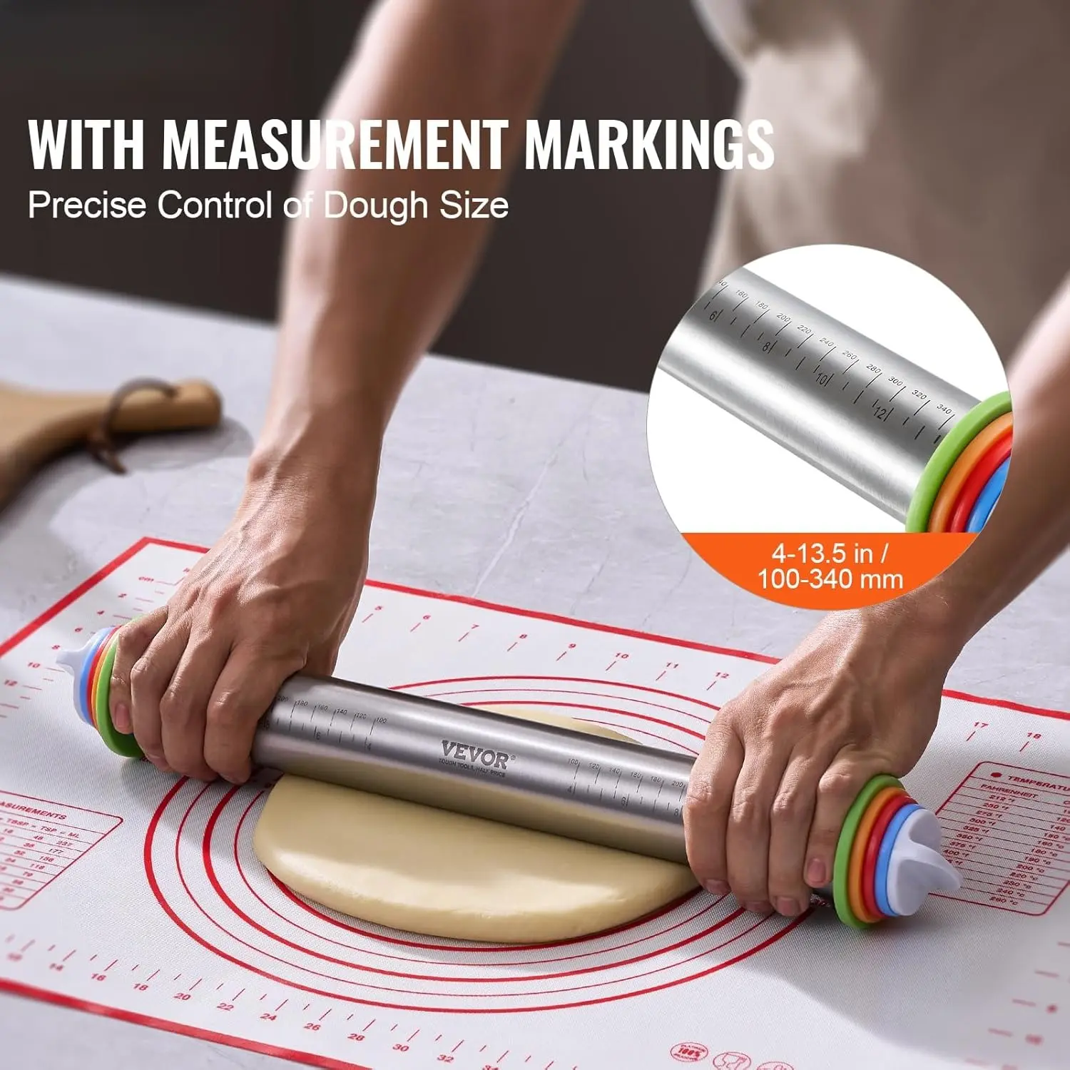 Adjustable Rolling Pin, Stainless Steel Dough Roller Designs,Rolling Pin with Thickness Rings and Pastry Baking Nonstick Mat Set