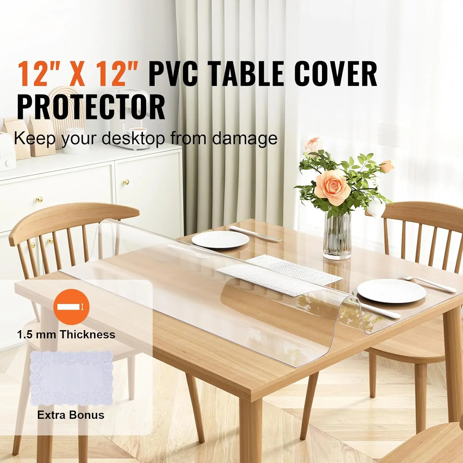 Clear Table Cover Protector, 12" x 12"/305 x 305 mm, 1.5 mm Thick PVC Plastic Tablecloth, Waterproof Desktop Protector