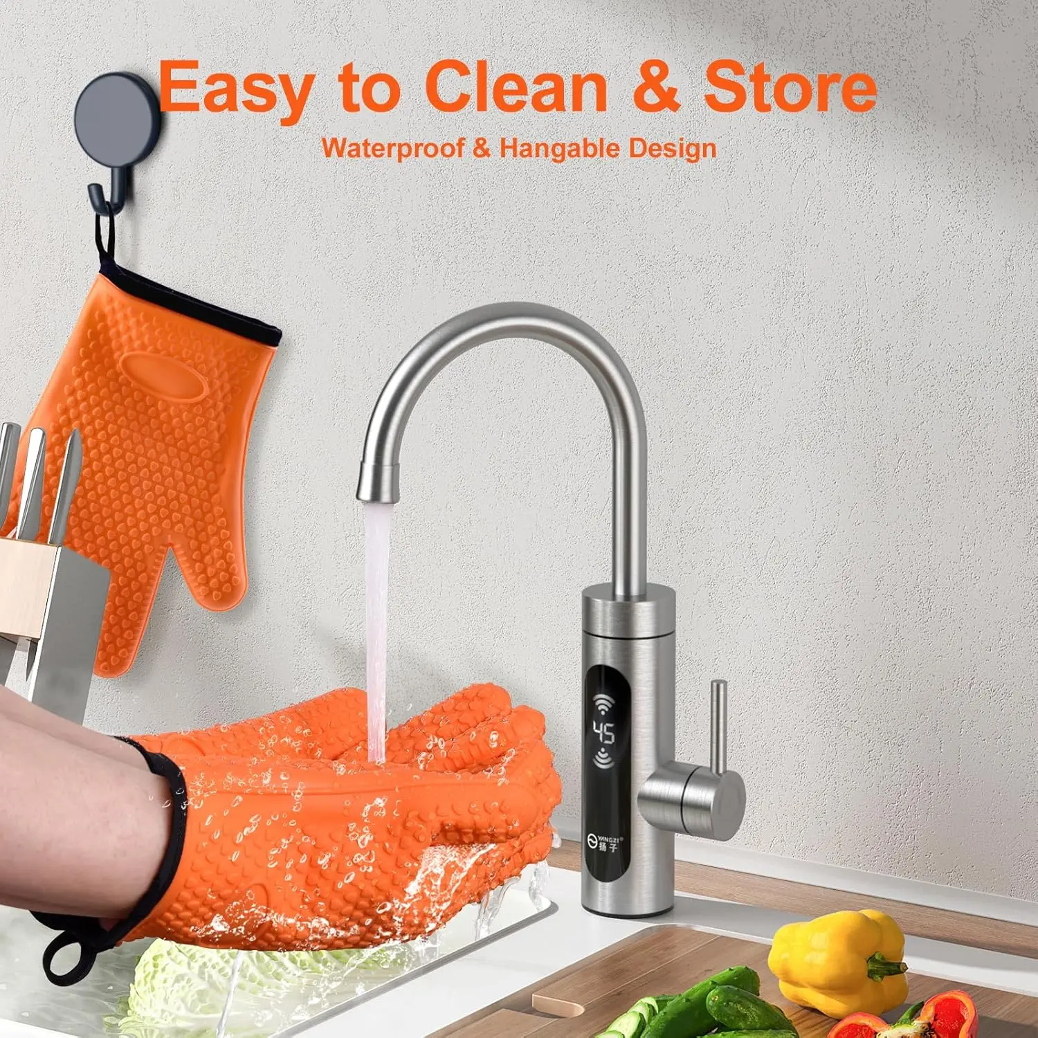 Silicone Smoker Oven Gloves, Non-Slip Heat Resident BBQ Grill Gloves with Fingers, Waterproof & Hangable Design