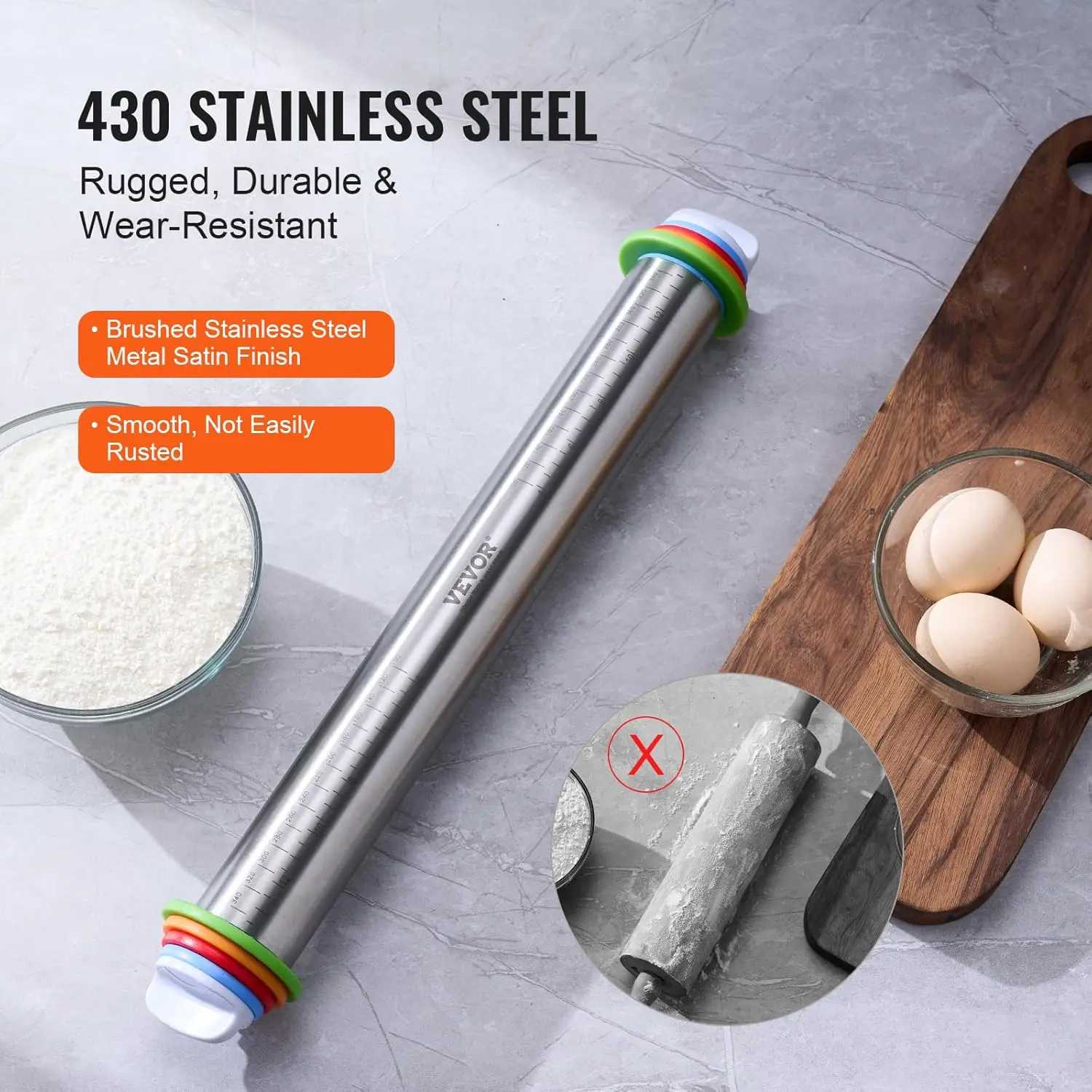 Adjustable Rolling Pin, Stainless Steel Dough Roller Designs,Rolling Pin with Thickness Rings and Pastry Baking Nonstick Mat Set